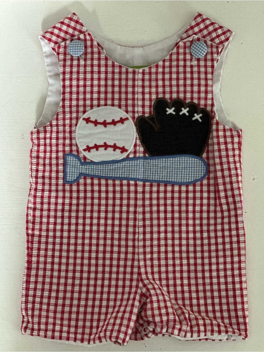 Stellybelly Red Gingham Baseball Appliqué Baby Romper